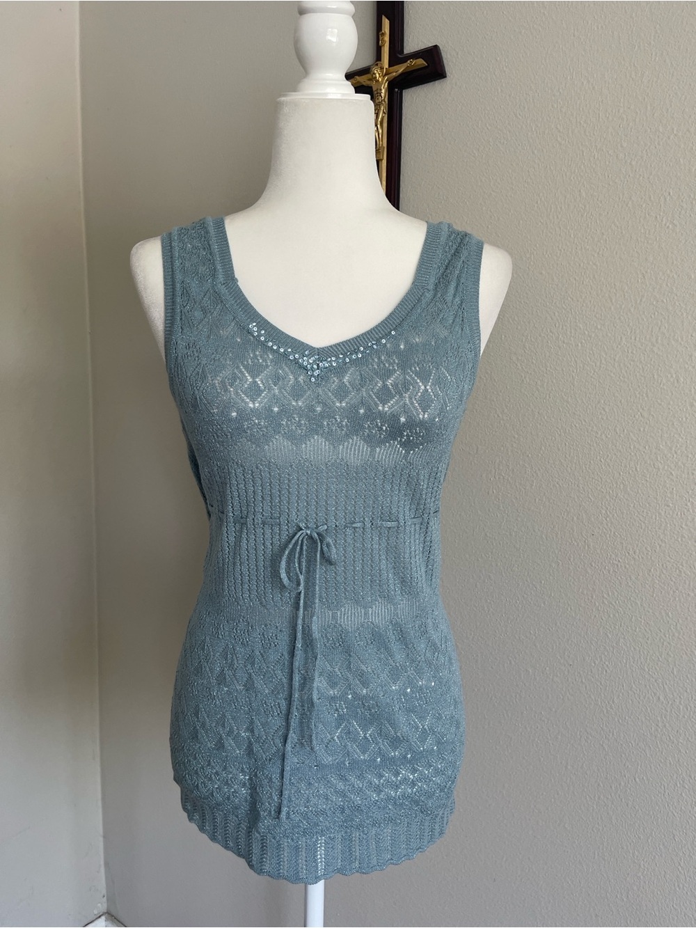 Sleeveless V-Neck Knit Tank Top - Dusty Blue